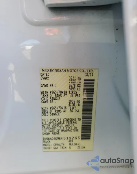 2014 Nissan Titan S from USA, damaged, VIN 1N6BA0ED9EN519265